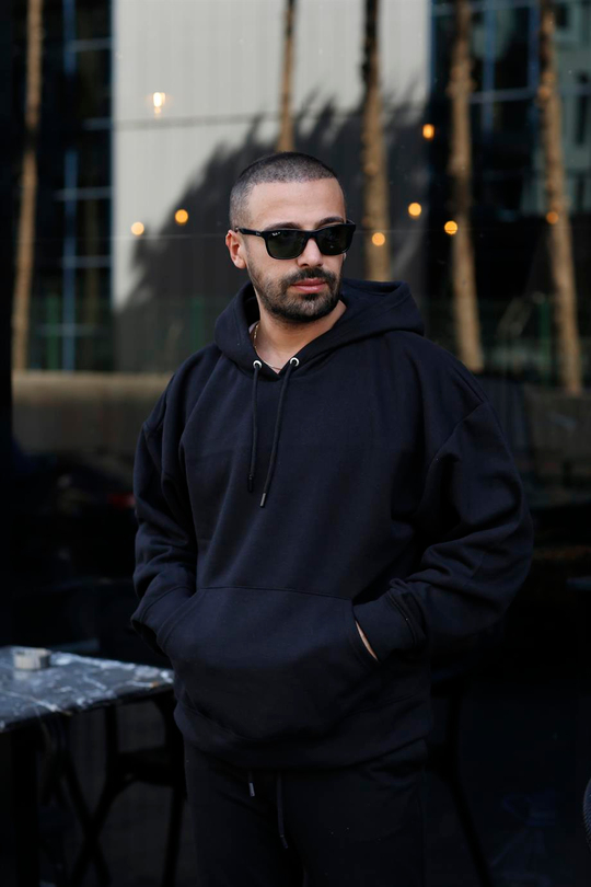 SWEATSHİRTSiyah 3 İplik Oversize Kapşonlu Hoodie Sweatshirt SC