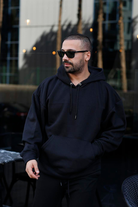 SWEATSHİRTSiyah 3 İplik Oversize Kapşonlu Hoodie Sweatshirt SC