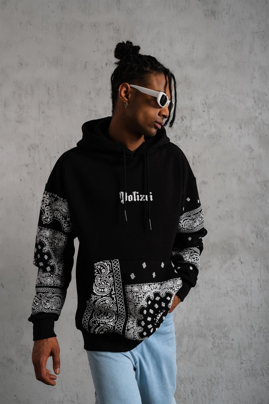 SWEATSHİRTSiyah BANDANA Baskılı 3 İplik Oversize Kapşonlu Sweatshirt PLZ-09