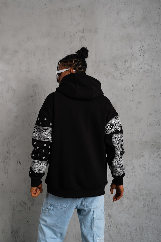 SWEATSHİRTSiyah BANDANA Baskılı 3 İplik Oversize Kapşonlu Sweatshirt PLZ-09