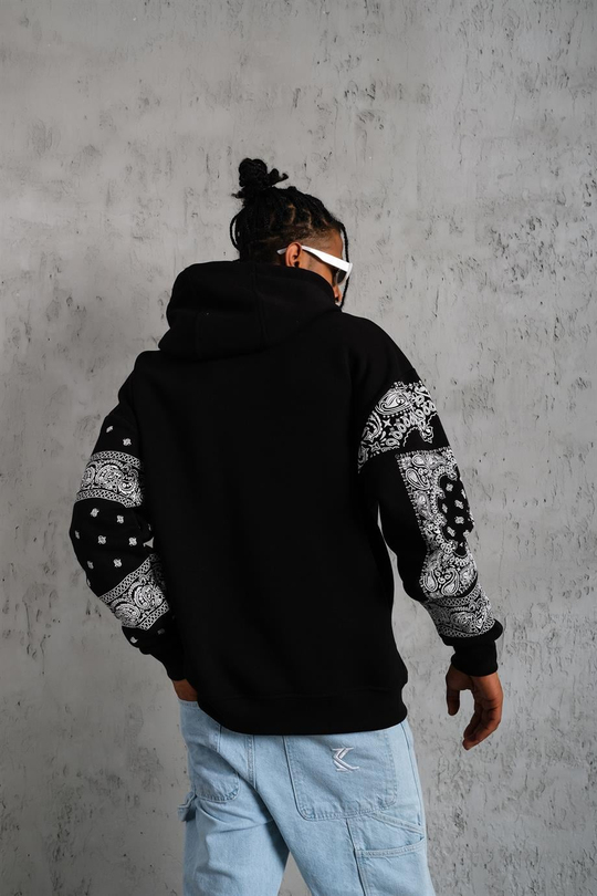 SWEATSHİRTSiyah BANDANA Baskılı 3 İplik Oversize Kapşonlu Sweatshirt PLZ-09