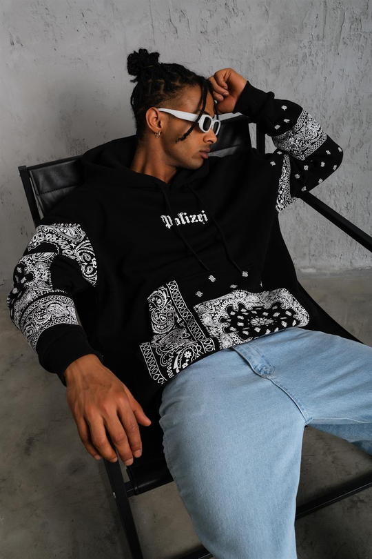 SWEATSHİRTSiyah BANDANA Baskılı 3 İplik Oversize Kapşonlu Sweatshirt PLZ-09