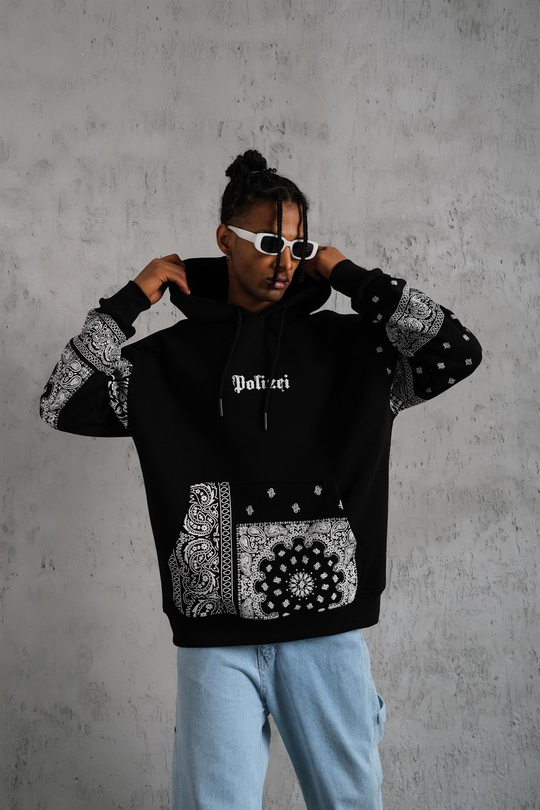 SWEATSHİRTSiyah BANDANA Baskılı 3 İplik Oversize Kapşonlu Sweatshirt PLZ-09