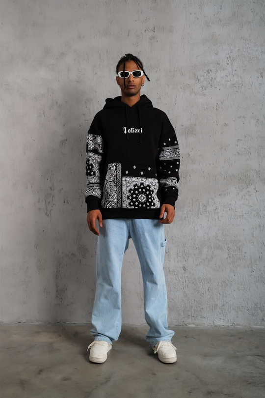 SWEATSHİRTSiyah BANDANA Baskılı 3 İplik Oversize Kapşonlu Sweatshirt PLZ-09