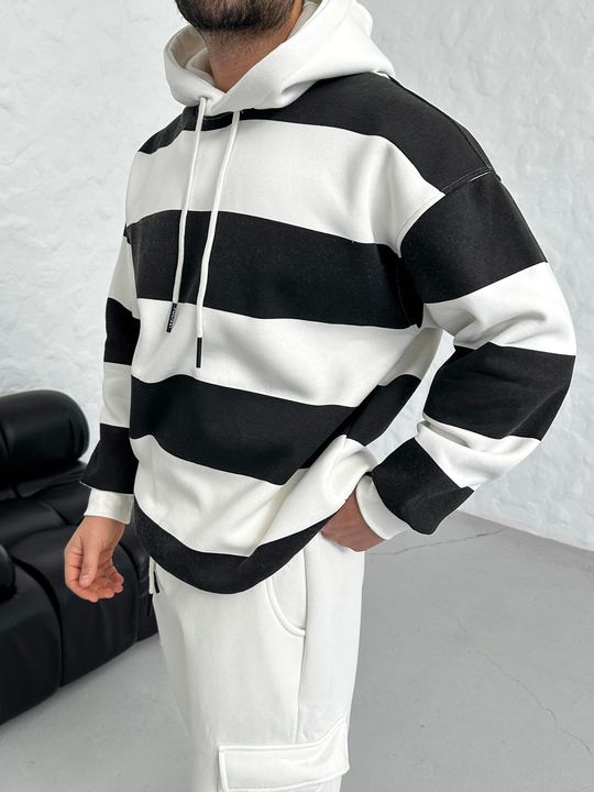 SWEATSHİRTSiyah Çizgili 3 İplik Kapşonlu Sweatshirt PLZ