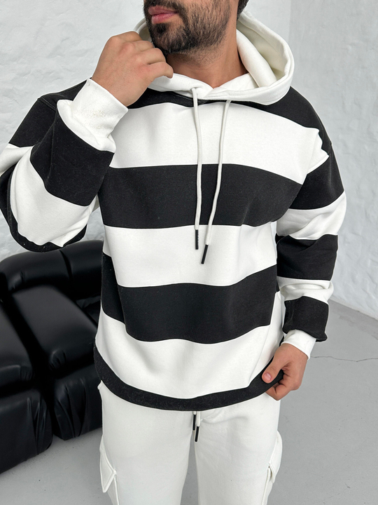 SWEATSHİRTSiyah Çizgili 3 İplik Kapşonlu Sweatshirt PLZ