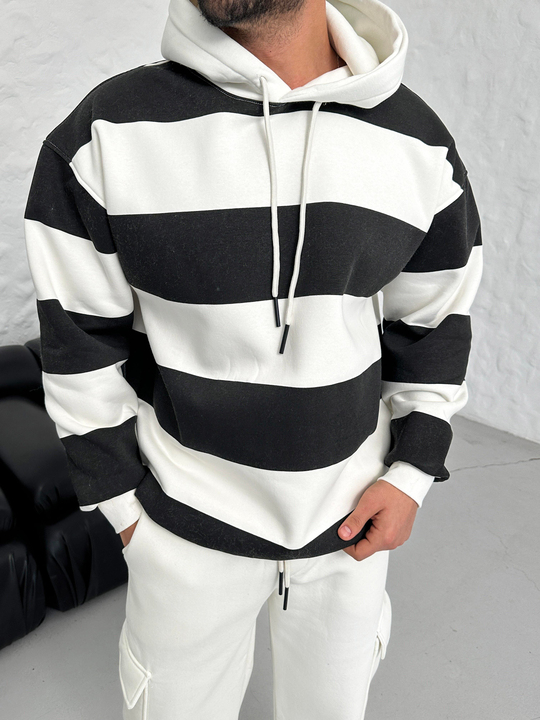 SWEATSHİRTSiyah Çizgili 3 İplik Kapşonlu Sweatshirt PLZ