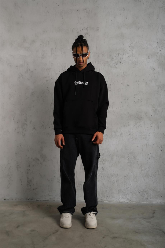 SWEATSHİRTSiyah DISTRESSED Baskılı 3 İplik Oversize Kapşonlu Sweatshirt PLZ-34