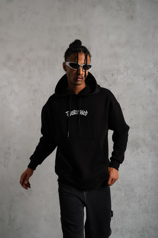 SWEATSHİRTSiyah DISTRESSED Baskılı 3 İplik Oversize Kapşonlu Sweatshirt PLZ-34