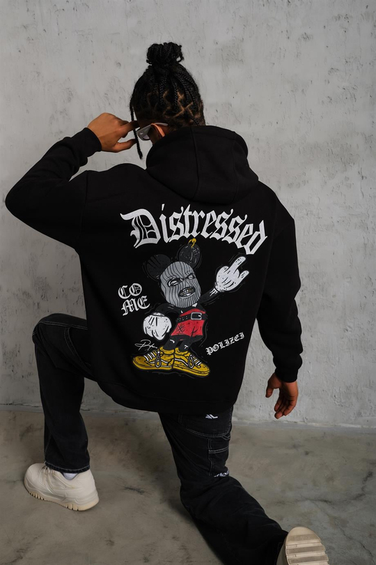 SWEATSHİRTSiyah DISTRESSED Baskılı 3 İplik Oversize Kapşonlu Sweatshirt PLZ-34