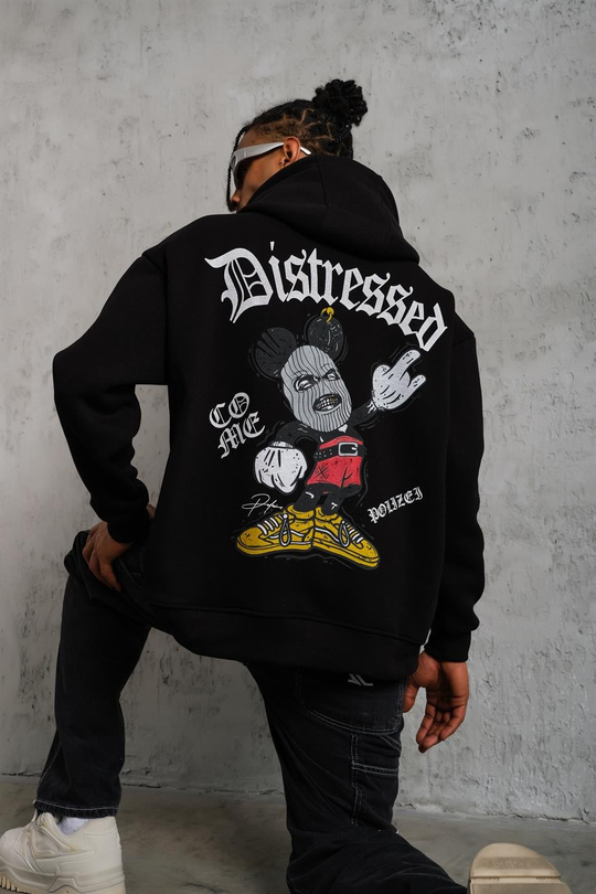 SWEATSHİRTSiyah DISTRESSED Baskılı 3 İplik Oversize Kapşonlu Sweatshirt PLZ-34