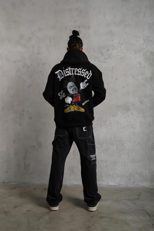 SWEATSHİRTSiyah DISTRESSED Baskılı 3 İplik Oversize Kapşonlu Sweatshirt PLZ-34