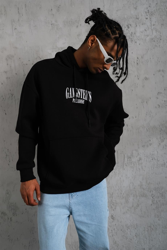 SWEATSHİRTSiyah GANGSTER Peçli Baskılı 3 İplik Oversize Kapşonlu Sweatshirt PLZ-36