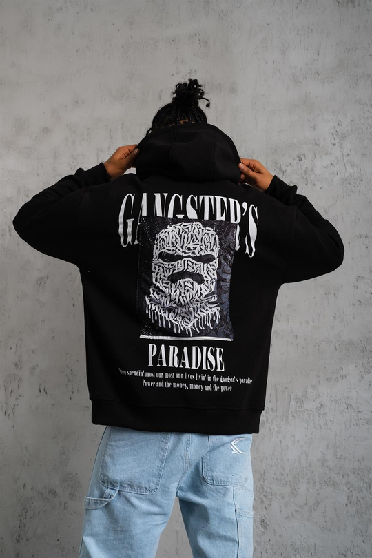 SWEATSHİRTSiyah GANGSTER Peçli Baskılı 3 İplik Oversize Kapşonlu Sweatshirt PLZ-36