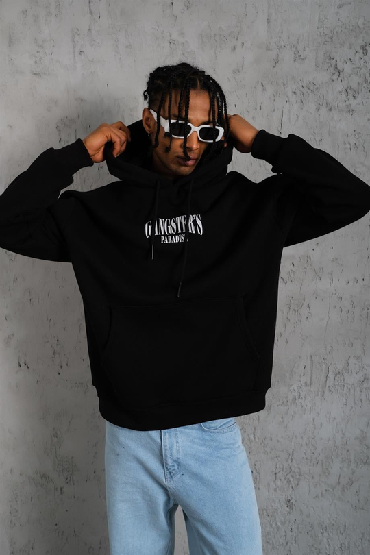 SWEATSHİRTSiyah GANGSTER Peçli Baskılı 3 İplik Oversize Kapşonlu Sweatshirt PLZ-36