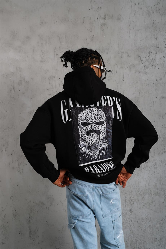 SWEATSHİRTSiyah GANGSTER Peçli Baskılı 3 İplik Oversize Kapşonlu Sweatshirt PLZ-36