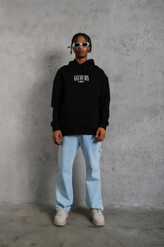 SWEATSHİRTSiyah GANGSTER Peçli Baskılı 3 İplik Oversize Kapşonlu Sweatshirt PLZ-36