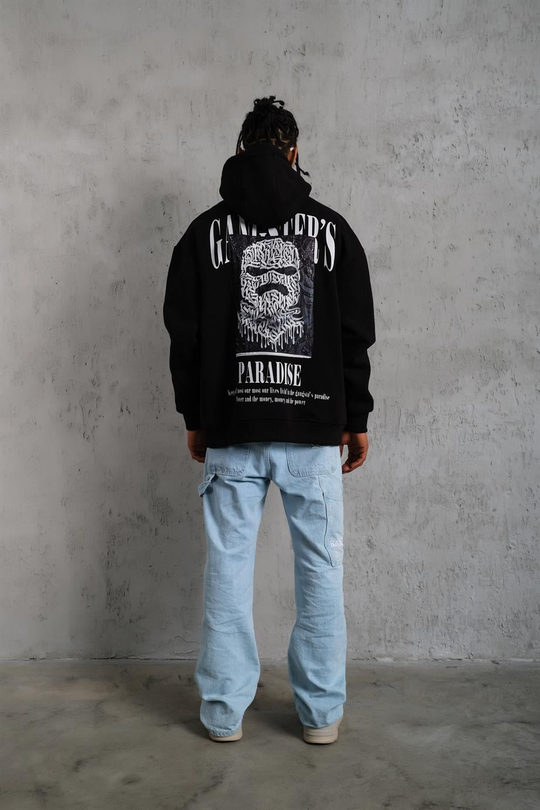 SWEATSHİRTSiyah GANGSTER Peçli Baskılı 3 İplik Oversize Kapşonlu Sweatshirt PLZ-36