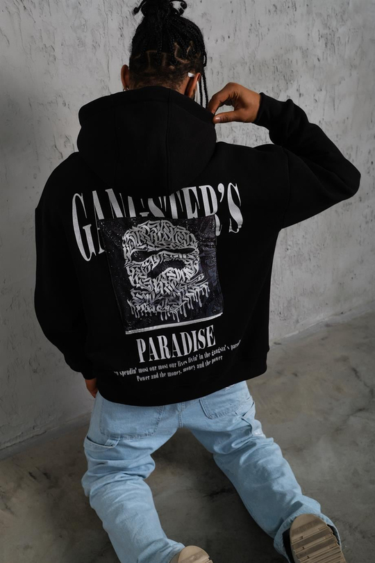 SWEATSHİRTSiyah GANGSTER Peçli Baskılı 3 İplik Oversize Kapşonlu Sweatshirt PLZ-36