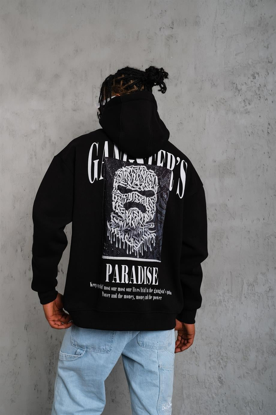 SWEATSHİRTSiyah GANGSTER Peçli Baskılı 3 İplik Oversize Kapşonlu Sweatshirt PLZ-36