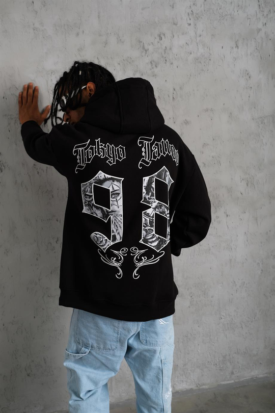 SWEATSHİRTSiyah TOKYOTATTOO Baskılı 3 İplik Kapşonlu Oversize Sweatshirt 