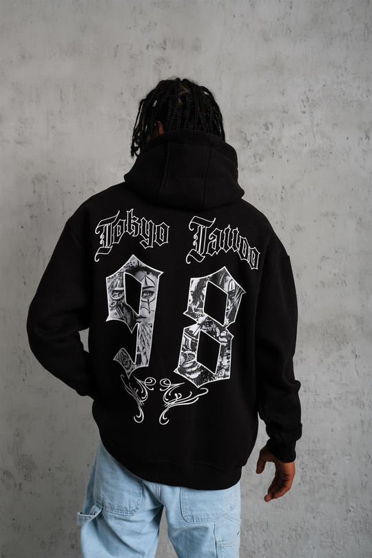 SWEATSHİRTSiyah TOKYOTATTOO Baskılı 3 İplik Kapşonlu Oversize Sweatshirt 