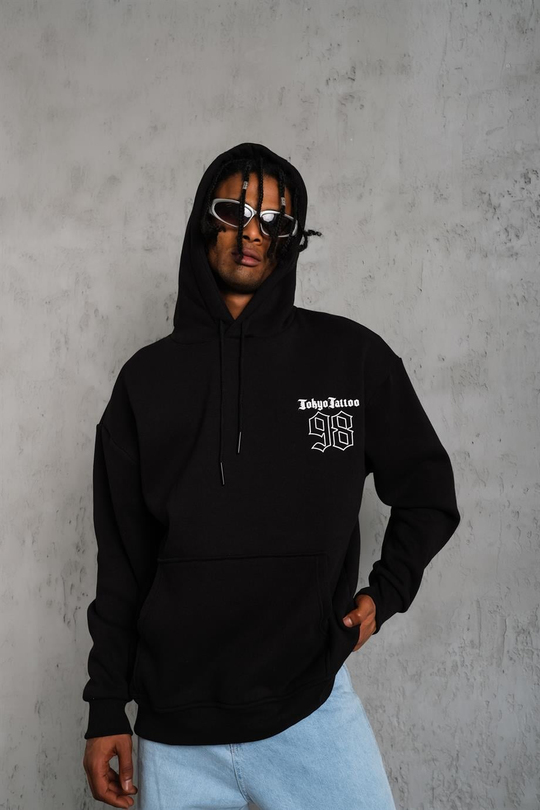 SWEATSHİRTSiyah TOKYOTATTOO Baskılı 3 İplik Kapşonlu Oversize Sweatshirt 