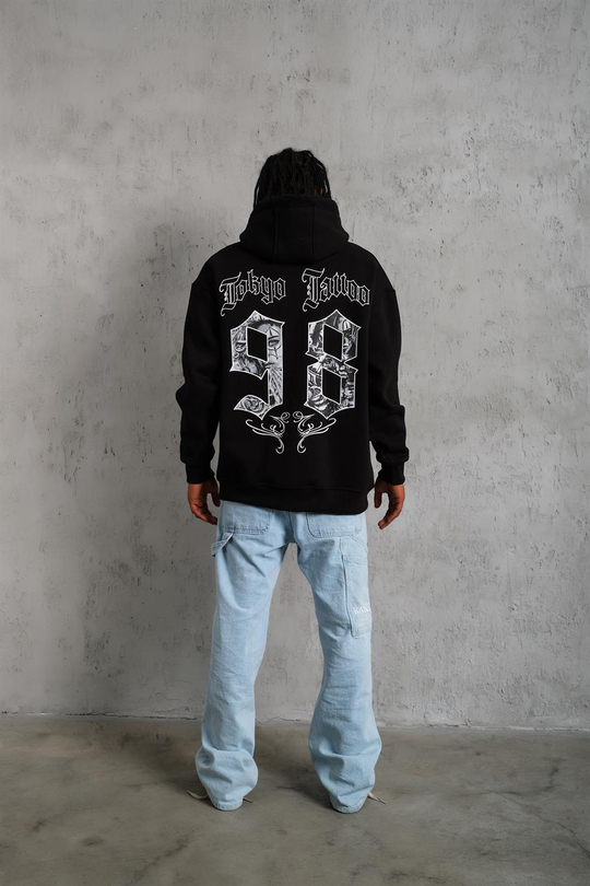 SWEATSHİRTSiyah TOKYOTATTOO Baskılı 3 İplik Kapşonlu Oversize Sweatshirt 