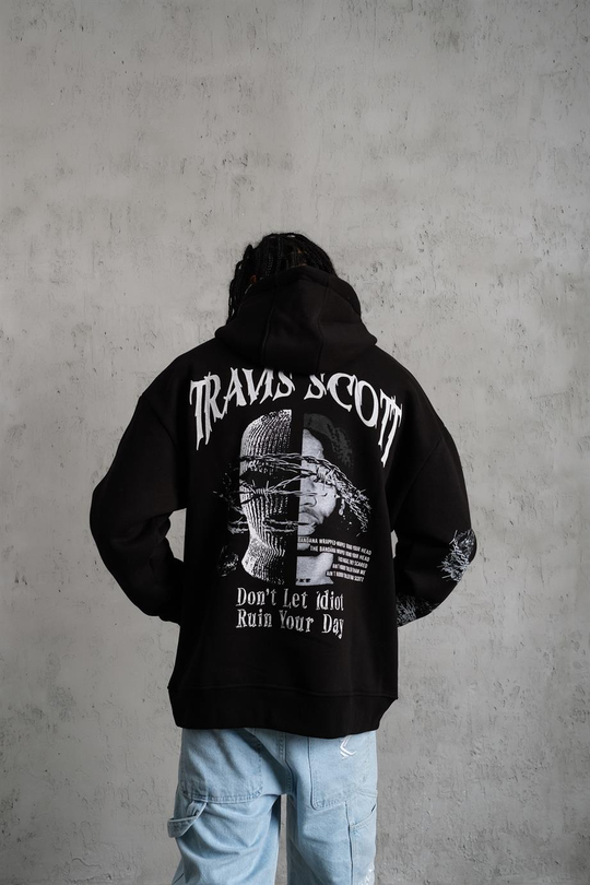 SWEATSHİRTSiyah TRAVİS Baskılı 3 İplik Oversize Sweatshirt  PlZ