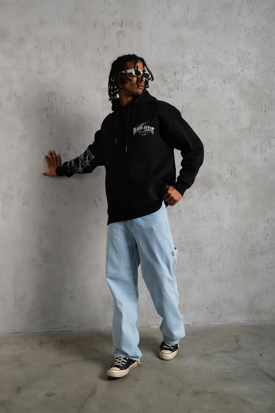 SWEATSHİRTSiyah TRAVİS Baskılı 3 İplik Oversize Sweatshirt  PlZ