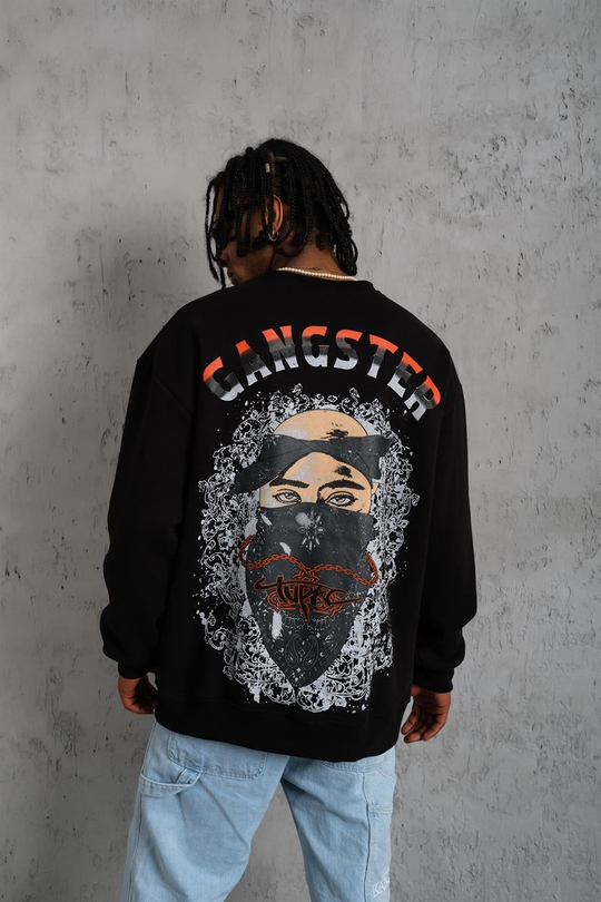 SWEATSHİRTSiyah TUPAC Baskılı 3 İplik Oversize Sweatshirt  PlZ