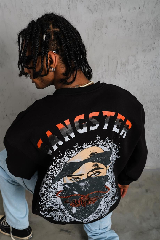 SWEATSHİRTSiyah TUPAC Baskılı 3 İplik Oversize Sweatshirt  PlZ