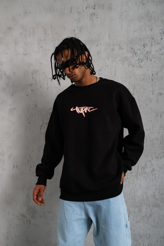 SWEATSHİRTSiyah TUPAC Baskılı 3 İplik Oversize Sweatshirt  PlZ