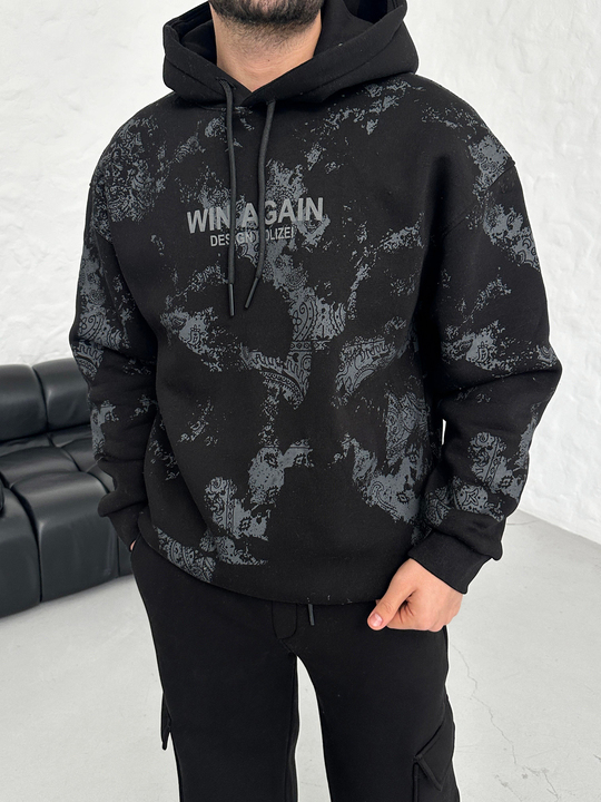 SWEATSHİRTSiyah WIN AGAIN Fosfor Baskılı Kapşonlu Sweatshirt PLZ