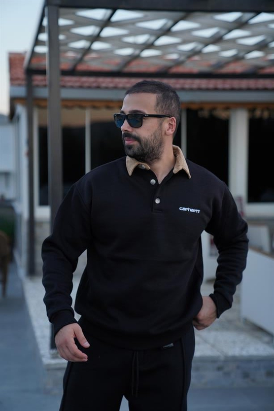 SWEATSHİRTSiyah Yaka Kadife 3 İplik Çift Düğmeli Sweatshirt SNZ 8311