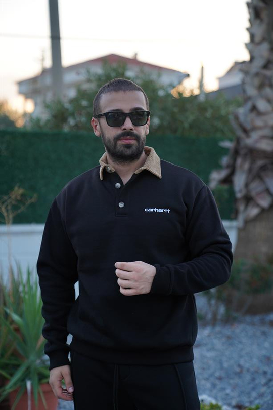 SWEATSHİRTSiyah Yaka Kadife 3 İplik Çift Düğmeli Sweatshirt SNZ 8311