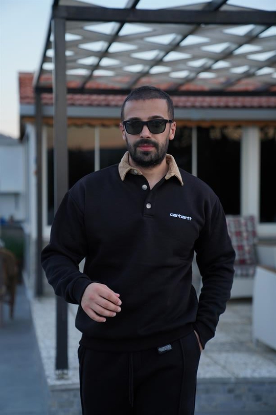 SWEATSHİRTSiyah Yaka Kadife 3 İplik Çift Düğmeli Sweatshirt SNZ 8311