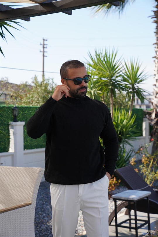 SWEATSHİRTSiyah Yarım Balıkçıl Oversize Yüksek Kalite Kazak SNZ 7033