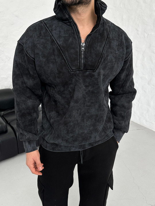 SWEATSHİRTSiyah Yarım Fermuarlı Hafif Desenli ZRA Model Sweatshirt PLZ
