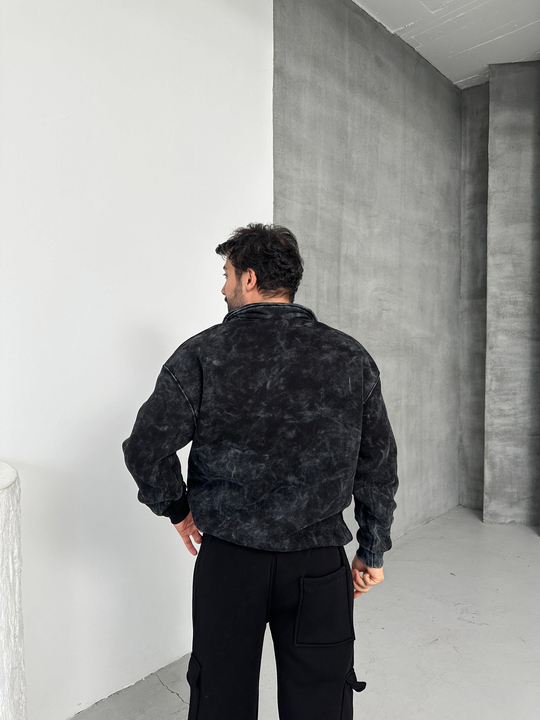 SWEATSHİRTSiyah Yıkamalı Düz Polo Yaka Sweatshirt PLZ