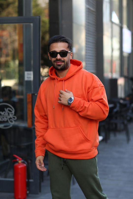 SWEATSHİRTTuruncu 3 İplik Oversize Kapşonlu Hoodie GK