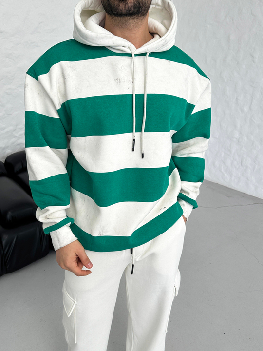 SWEATSHİRTYeşil Çizgili 3 İplik Kapşonlu Sweatshirt PLZ