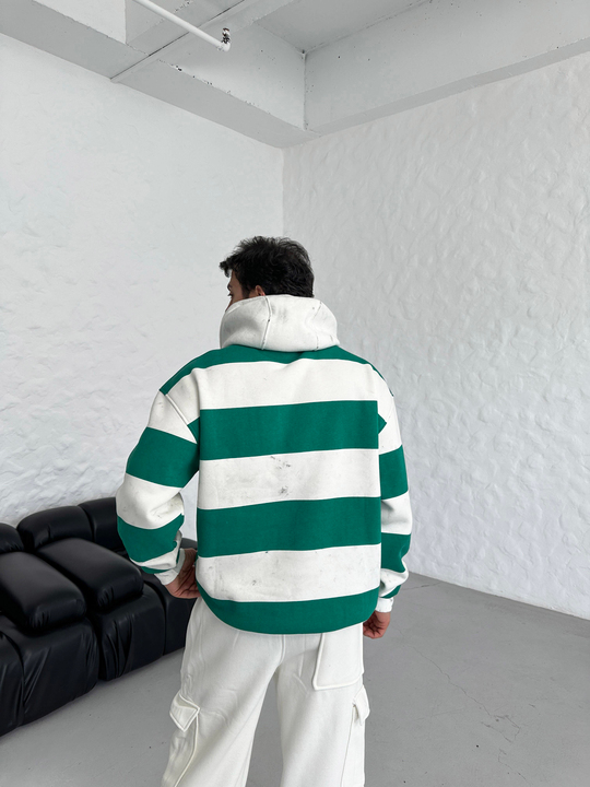 SWEATSHİRTYeşil Çizgili 3 İplik Kapşonlu Sweatshirt PLZ