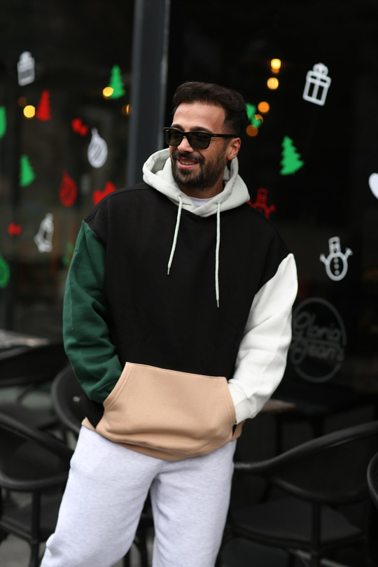 SWEATSHİRTYüksek Kalite 3 İplik Gövde Siyah Kolları Zümrüt Beyaz Renkli Kapşonlu Sweatshirt