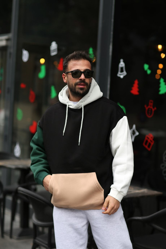SWEATSHİRTYüksek Kalite 3 İplik Gövde Siyah Kolları Zümrüt Beyaz Renkli Kapşonlu Sweatshirt