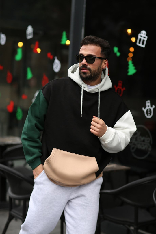 SWEATSHİRTYüksek Kalite 3 İplik Gövde Siyah Kolları Zümrüt Beyaz Renkli Kapşonlu Sweatshirt