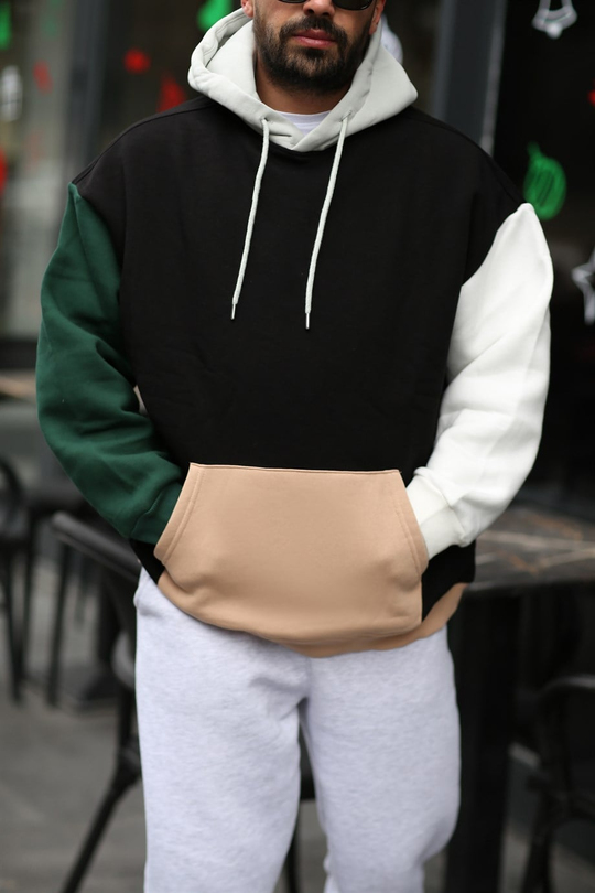 SWEATSHİRTYüksek Kalite 3 İplik Gövde Siyah Kolları Zümrüt Beyaz Renkli Kapşonlu Sweatshirt