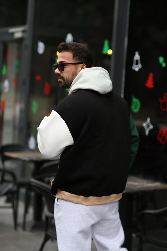 SWEATSHİRTYüksek Kalite 3 İplik Gövde Siyah Kolları Zümrüt Beyaz Renkli Kapşonlu Sweatshirt