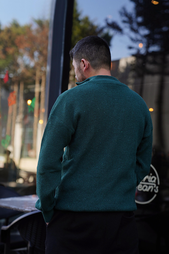SWEATSHİRTZümrütyeşili Fermuarlı Selanık Kumaş Kazak 