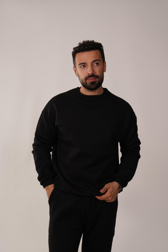 SweatSiyah 3 İplik Bisiklet Yaka Hoodie